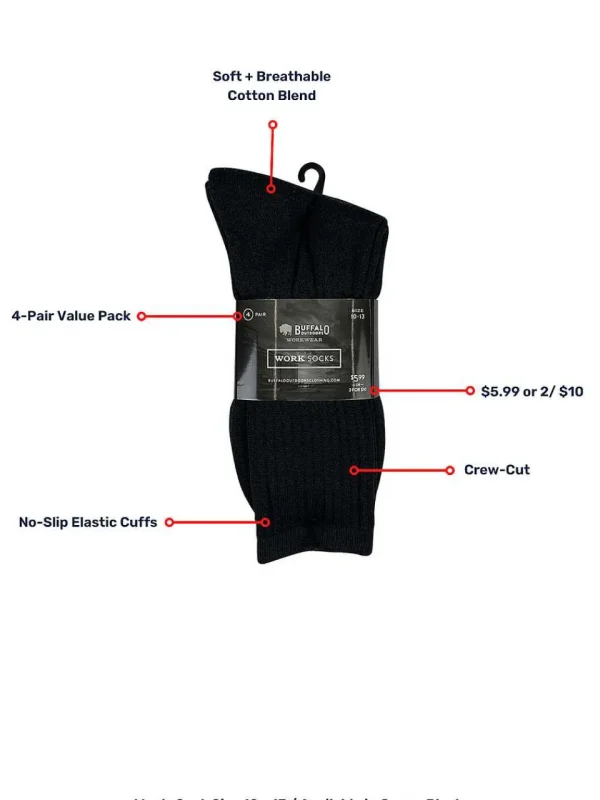 Buffalo Outdoors Socks^® Workwear Men's Crew Work Socks 4-Pack-Black